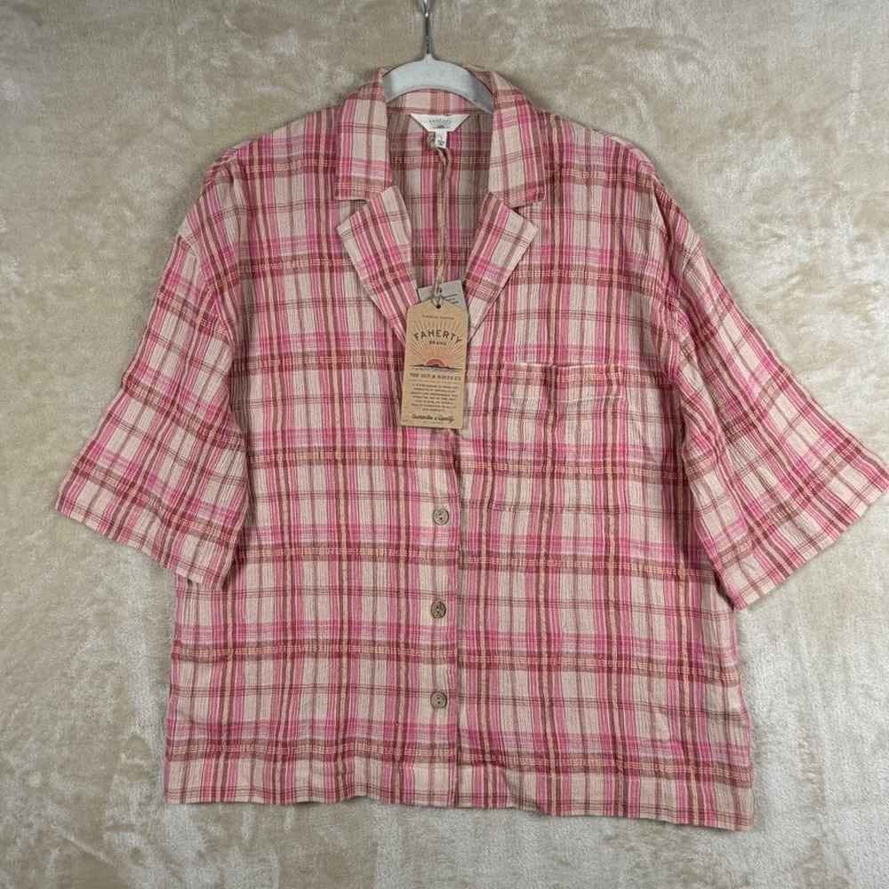 Faherty Canyon Haze Shirt Women L Terracotta Sunrise Plaid Organic Cotton Beachy